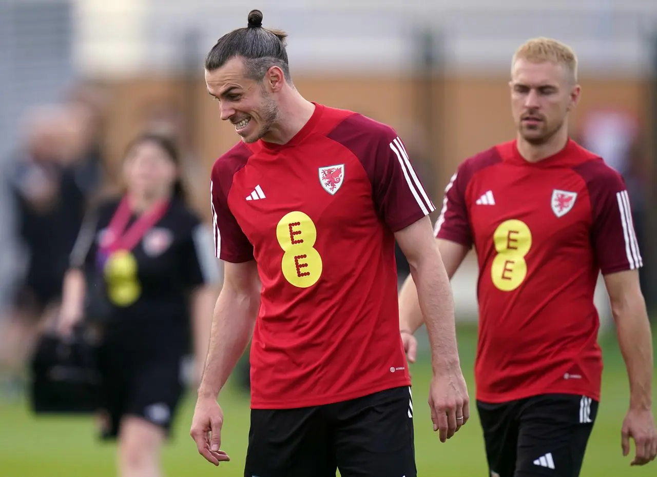 Gareth Bale, left, and Aaron Ramsey during a training session