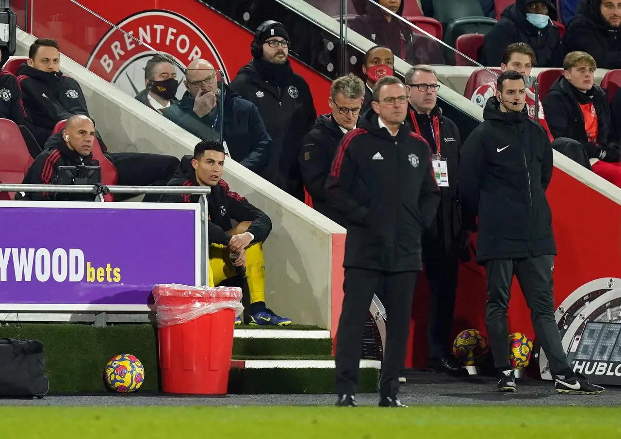 Ronaldo watches on after coming off against Brentford in January (Mike Egerton/PA).