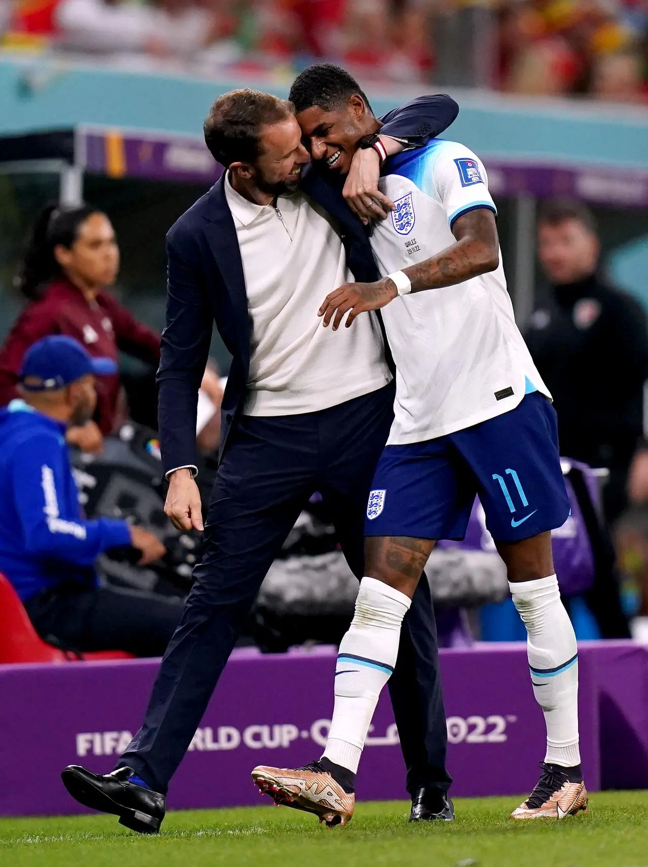 Marcus Rashford is congratulated by manager Gareth Southgate