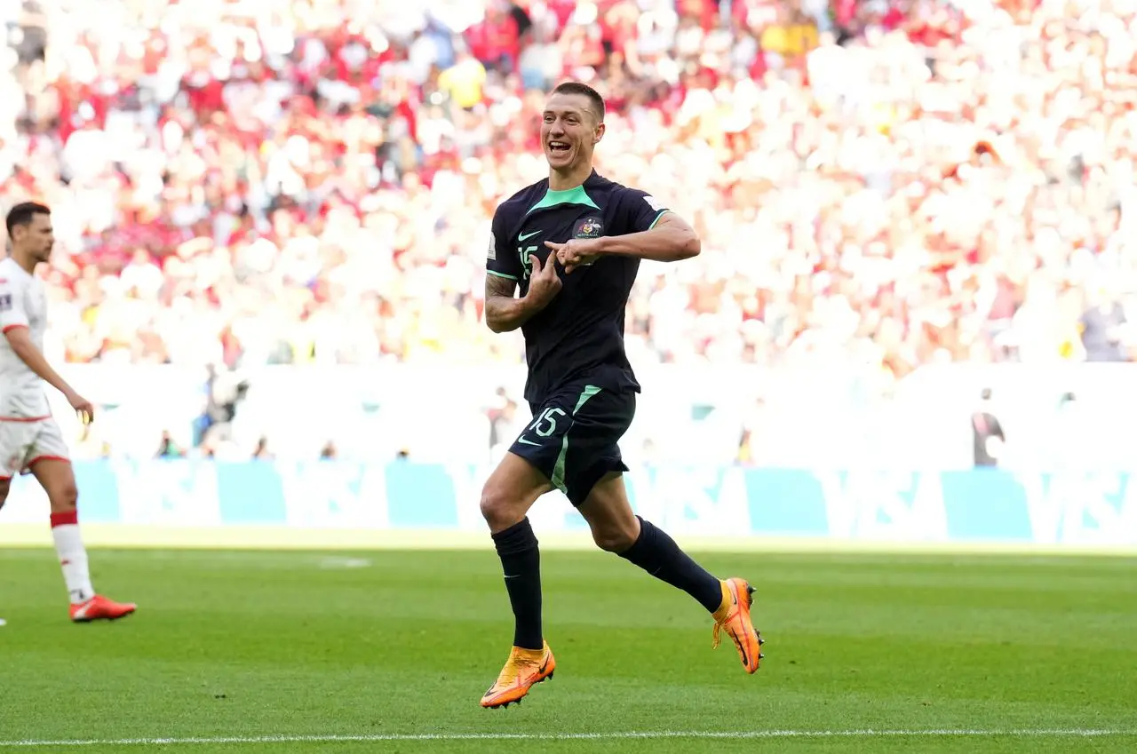 Australia’s Mitchell Duke celebrates scoring at the World Cup