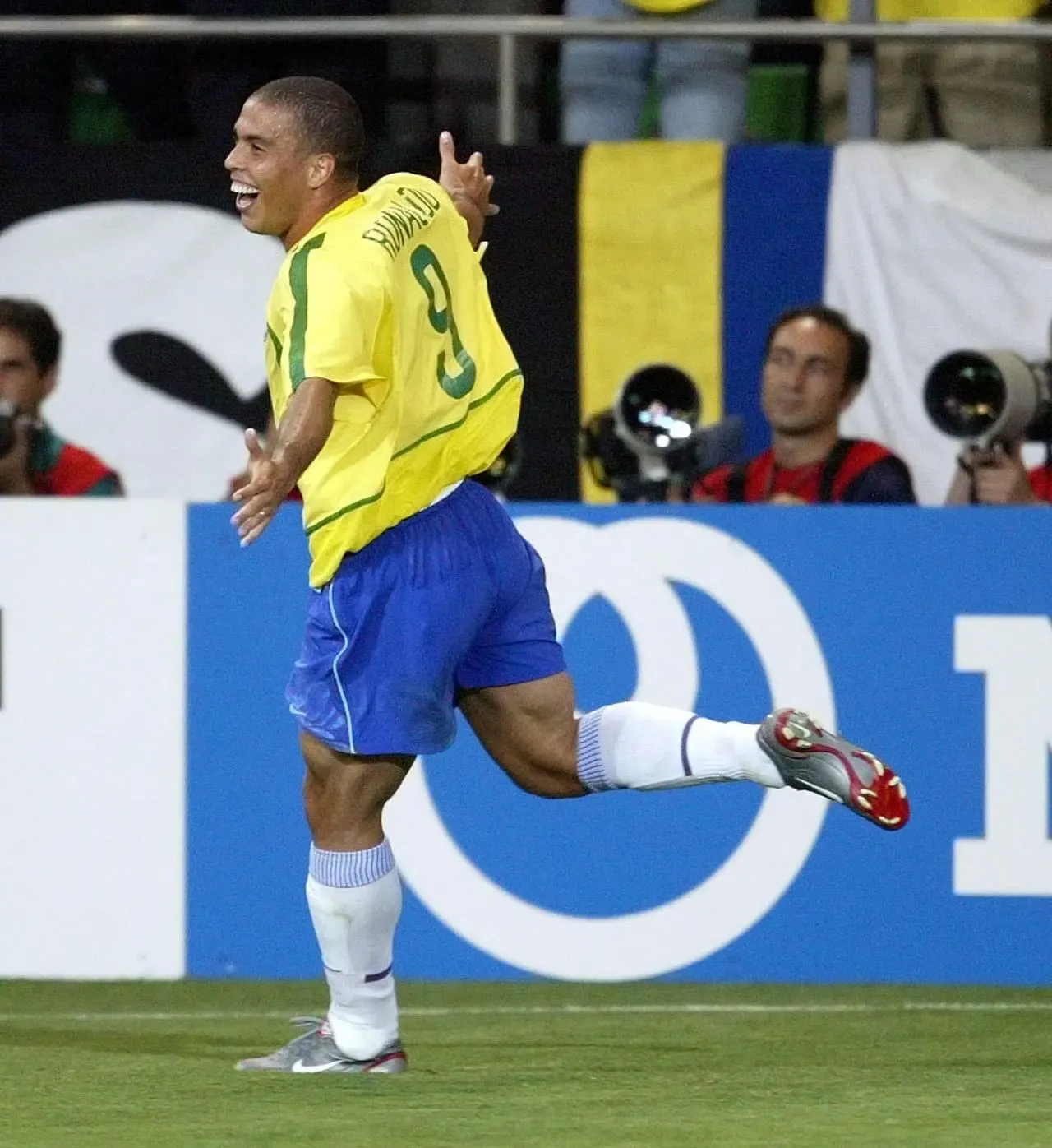 Ronaldo celebrates scoring against Belgium in the 2002 World Cup