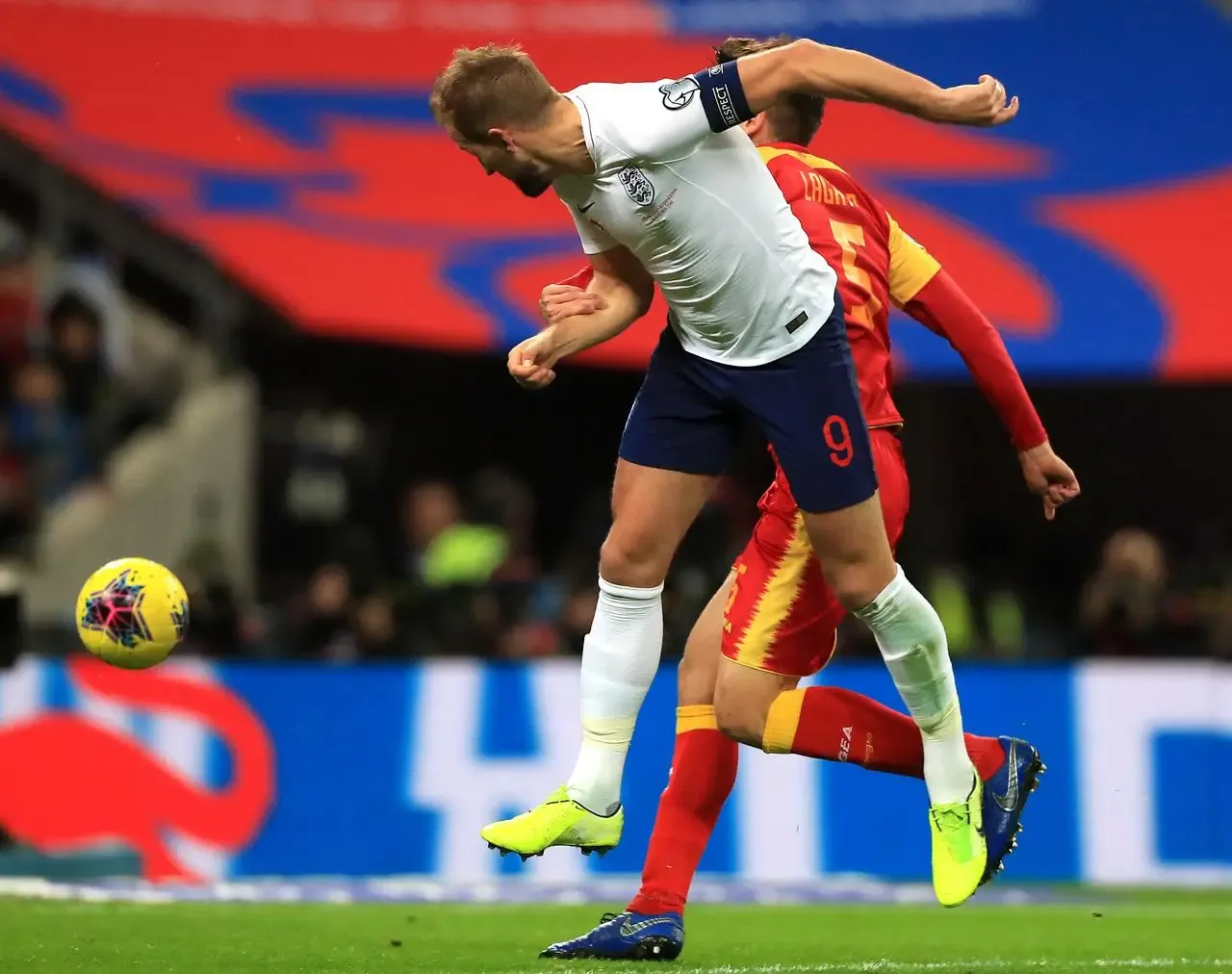 Harry Kane on his way to another hat-trick, this time in a 7-0 Euro 2020 qualifier rout of Montenegro at Wembley