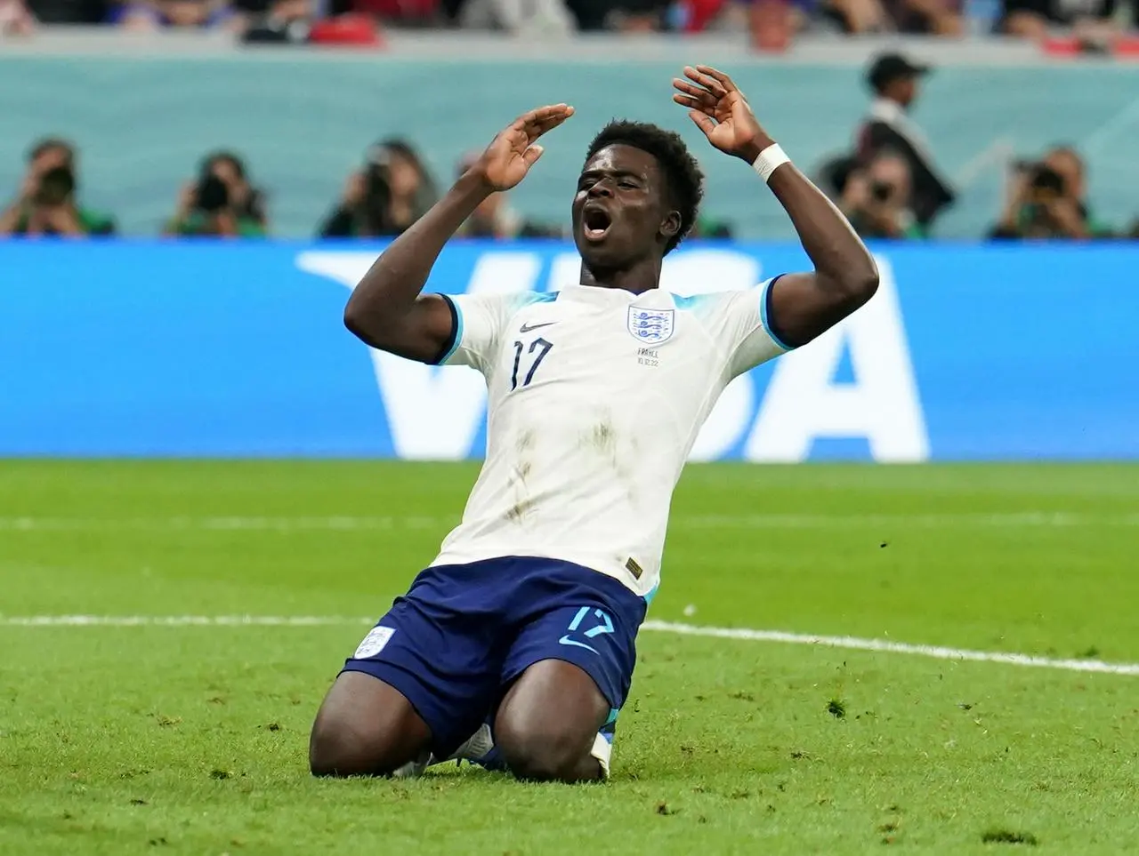 England’s Bukayo Saka rues a missed chance during the FIFA World Cup Quarter-Final match