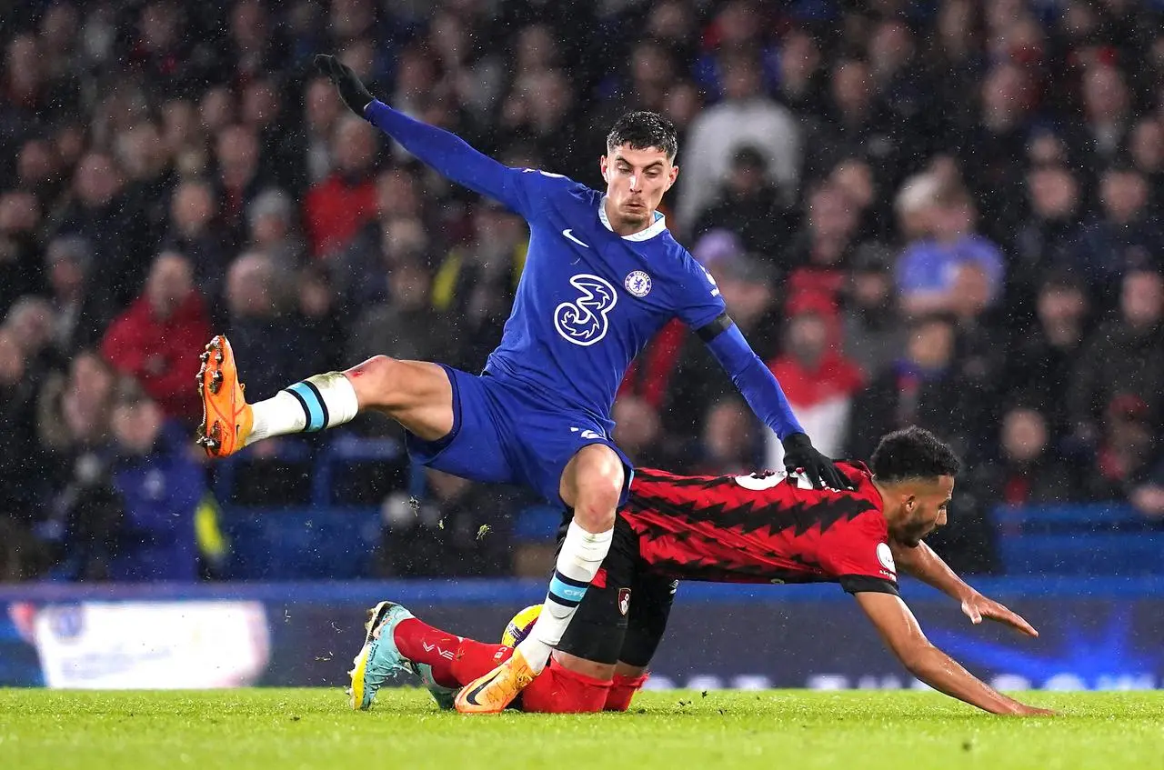 Chelsea’s Kai Havertz (left) and Bournemouth’s Lloyd Kelly battle for the ball 