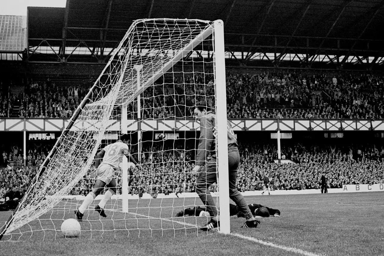 Bulgaria goalkeeper Georgi Naydenov lies flat out in his goalmouth after being beaten by a Pele free-kick in the group stage of the 1966 World Cup. The goal at Goodison Park meant the Brazilian, not in picture, became the first player to score in three successive World Cups. He would miss the next game, a 3-1 defeat to Hungary, through injury after being on the receiving end of some rough tackles