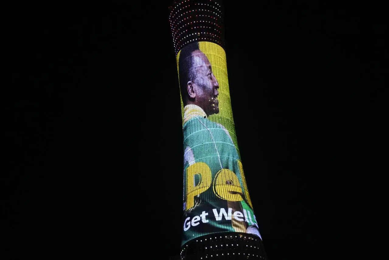 A message of support for Pele is displayed on the Aspire Tower outside the Khalifa International Stadium in Doha