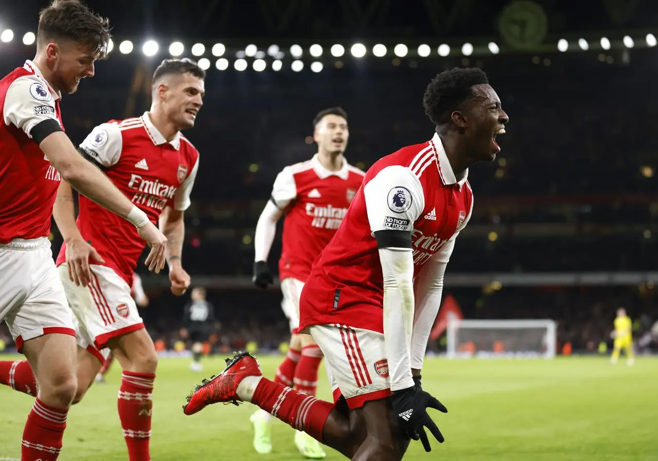 Arsenal’s Eddie Nketiah celebrates scoring 