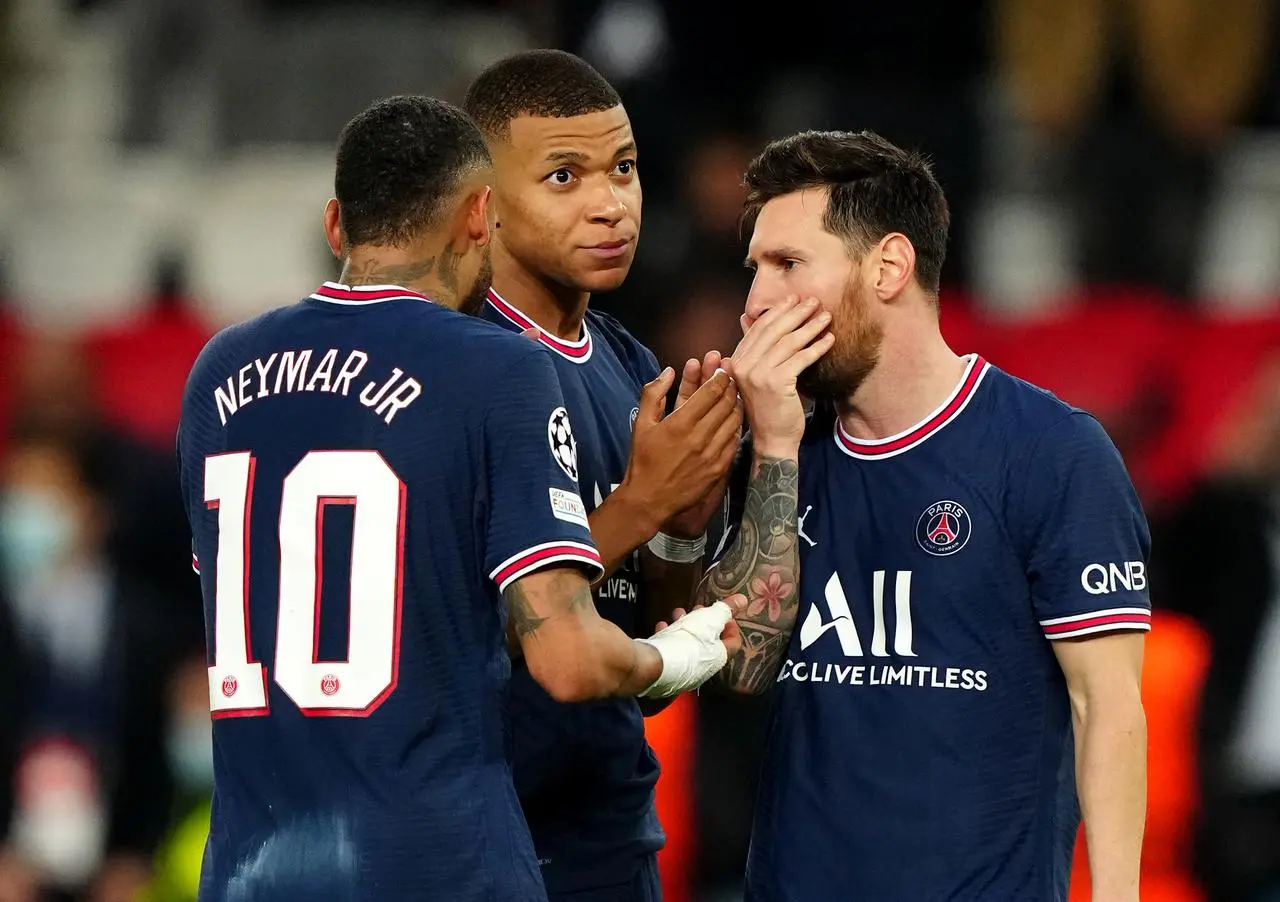 Paris Saint-Germain’s Lionel Messi, Neymar and Kylian Mbappe