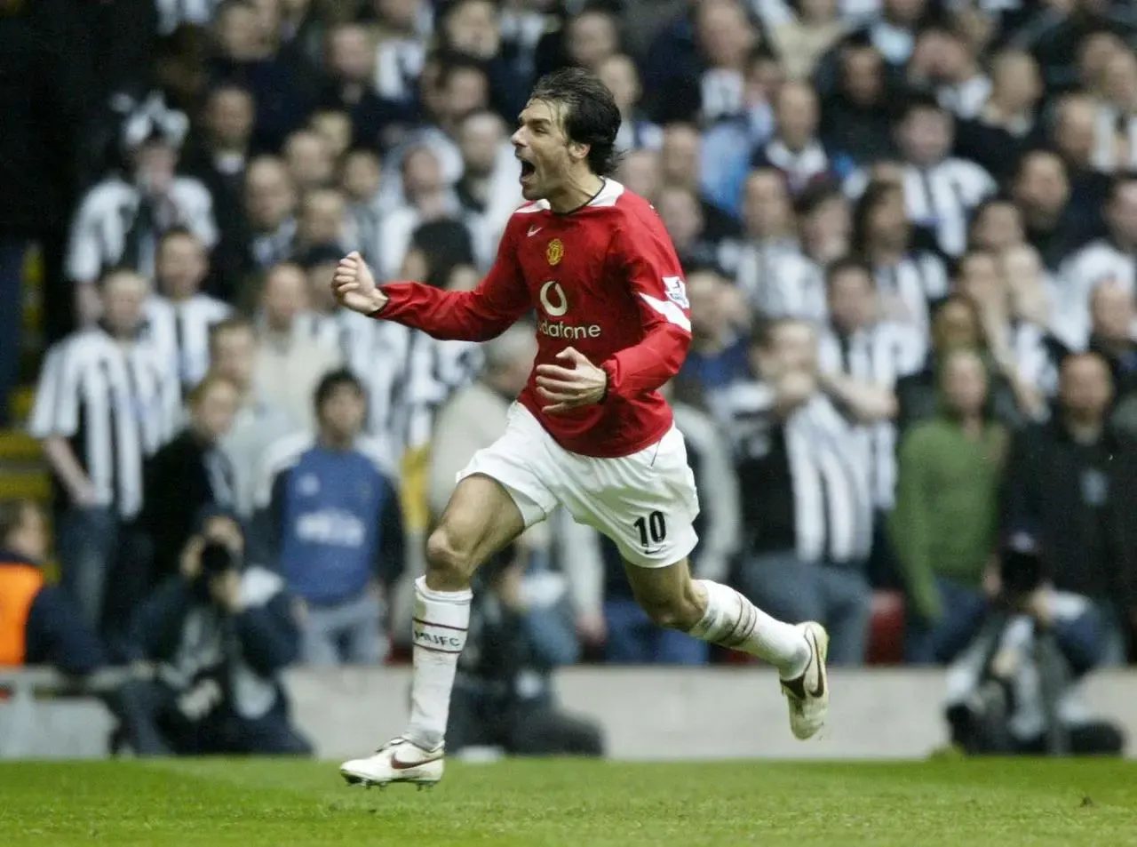 Manchester United’s Ruud Van Nistelrooy celebrates the opening goal in Manchester United's 4-1 FA Cup semi-final victory over Newcastle at the Millennium Stadium