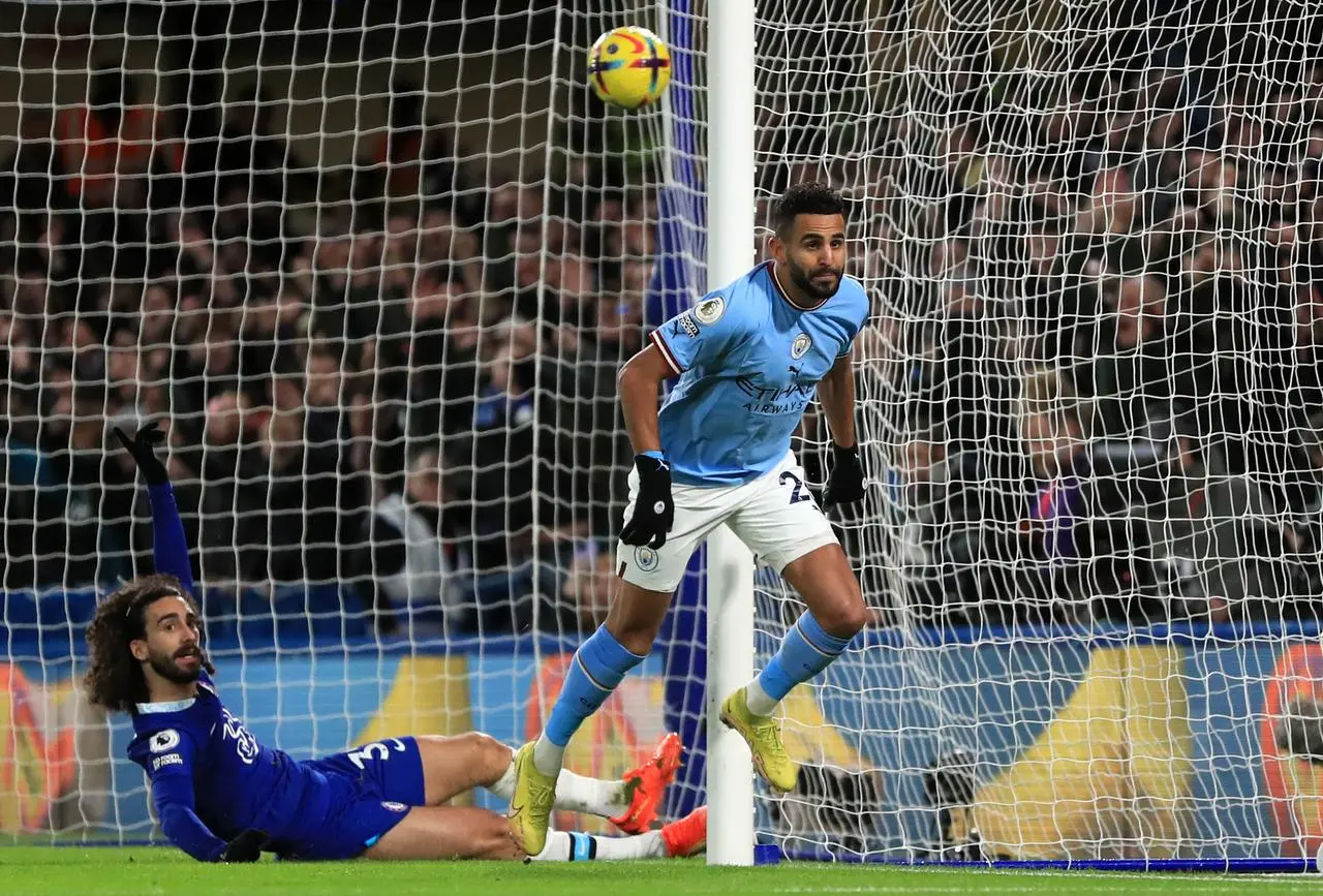 Manchester City’s Riyad Mahrez celebrates scoring against Chelsea