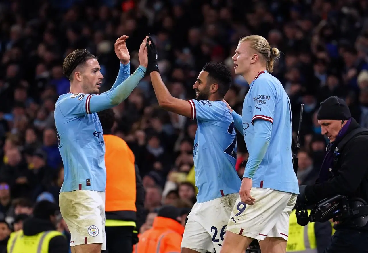 Riyad Mahrez celebrates scoring against Tottenham