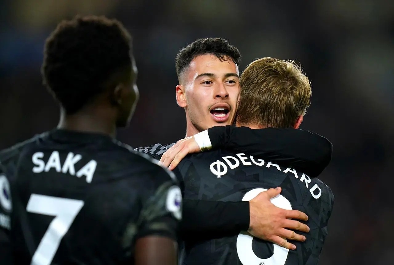 Gabriel Martinelli, centre, benefited from a wonderful assist from Martin Odegaard