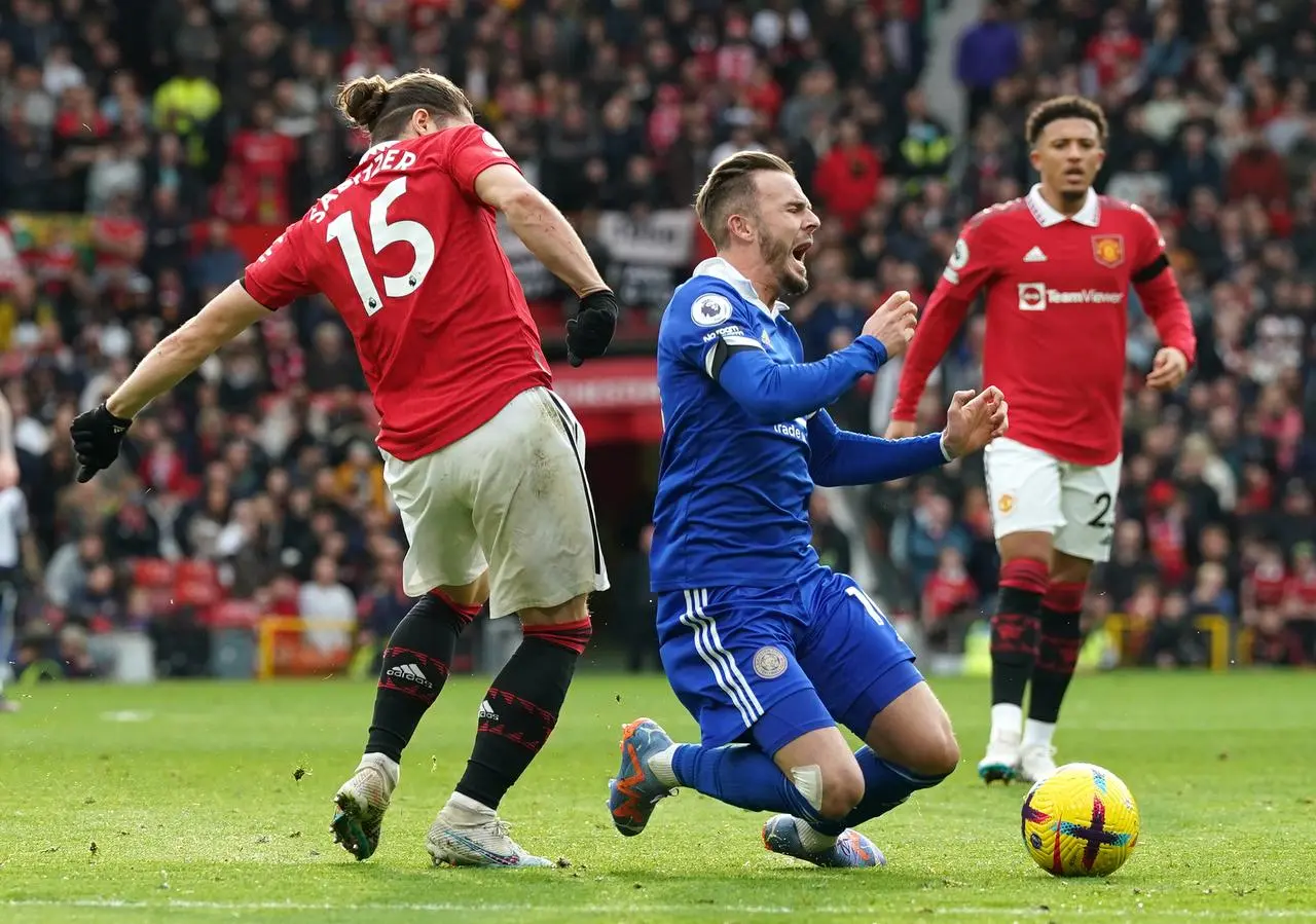 Manchester United’s Marcel Sabitzer fouls Leicester’s James Maddison