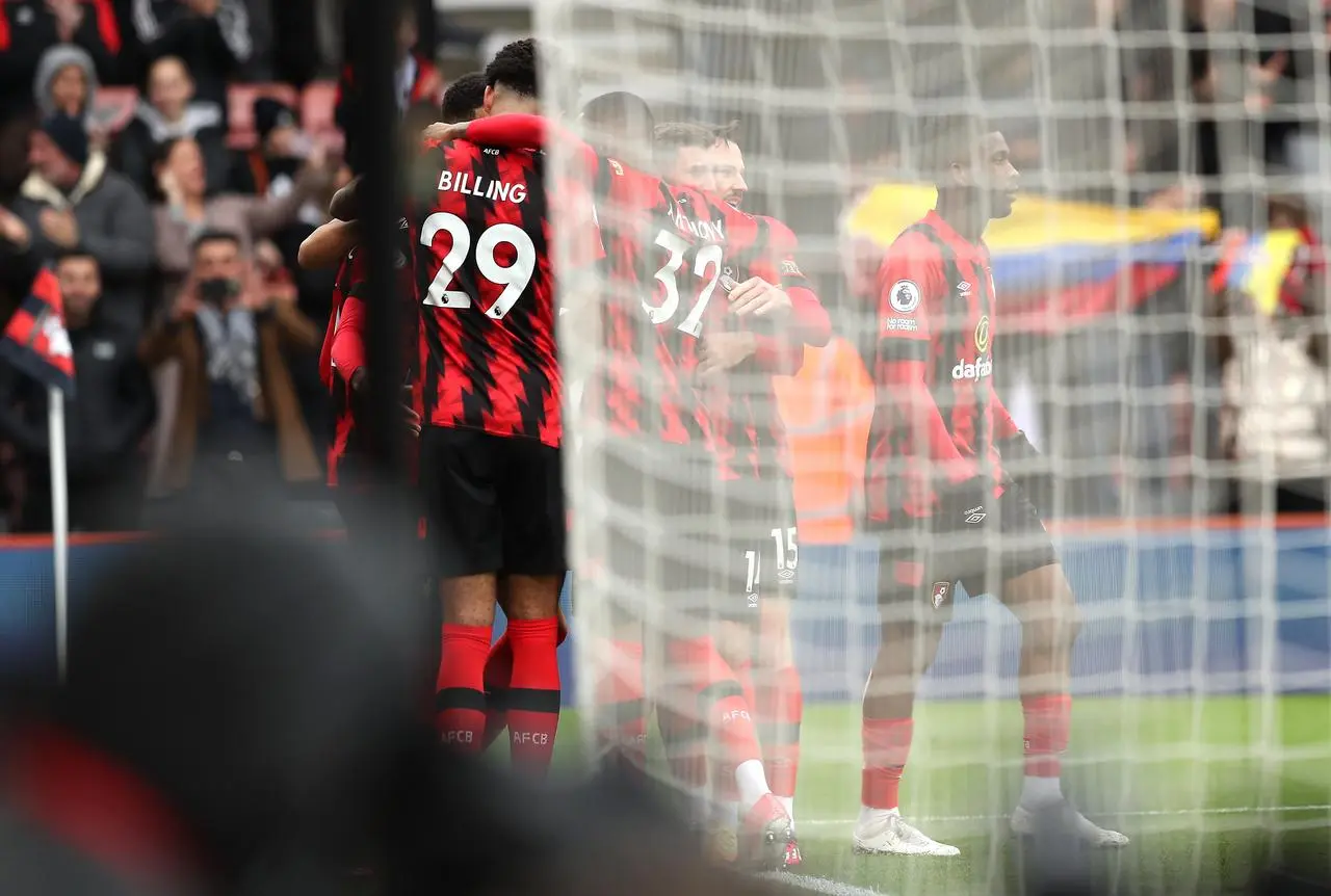 Bournemouth’s Philip Billing, left, celebrates scoring