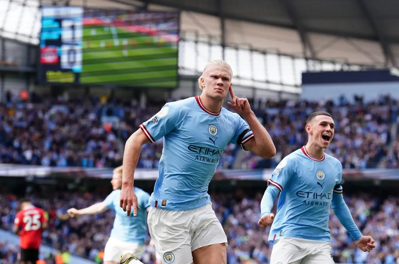 Erling Haaland celebrates his first goal against Manchester United