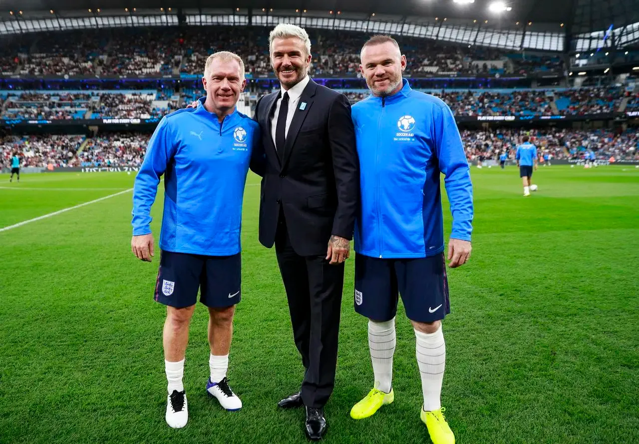 Paul Scholes, David Beckham and Wayne Rooney at Soccer Aid for UNICEF in 2021