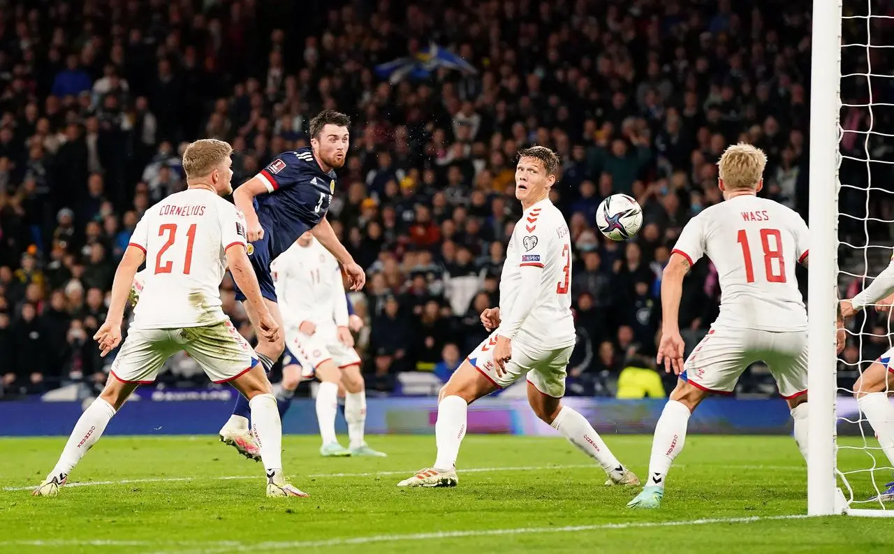 Scotland’s John Souttar, second left, scores against Denmark in November 2021