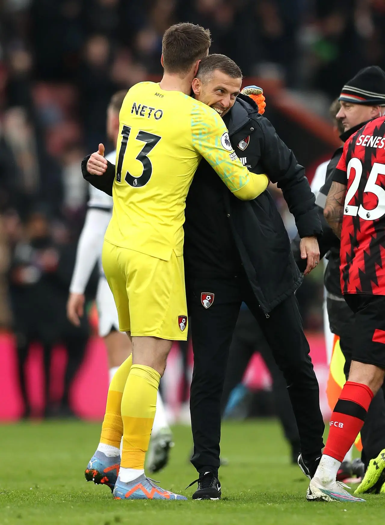 Bournemouth goalkeeper Neto (left) and manager Gary O’Neil celebrate victory over Liverpool