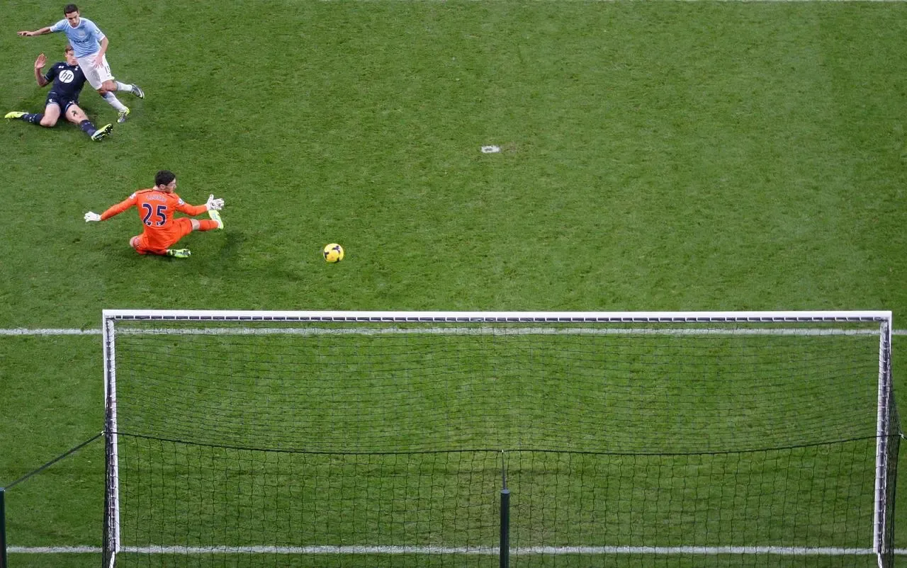 Manchester City’s Jesus Navas scores the sixth goal against Tottenham in 2013