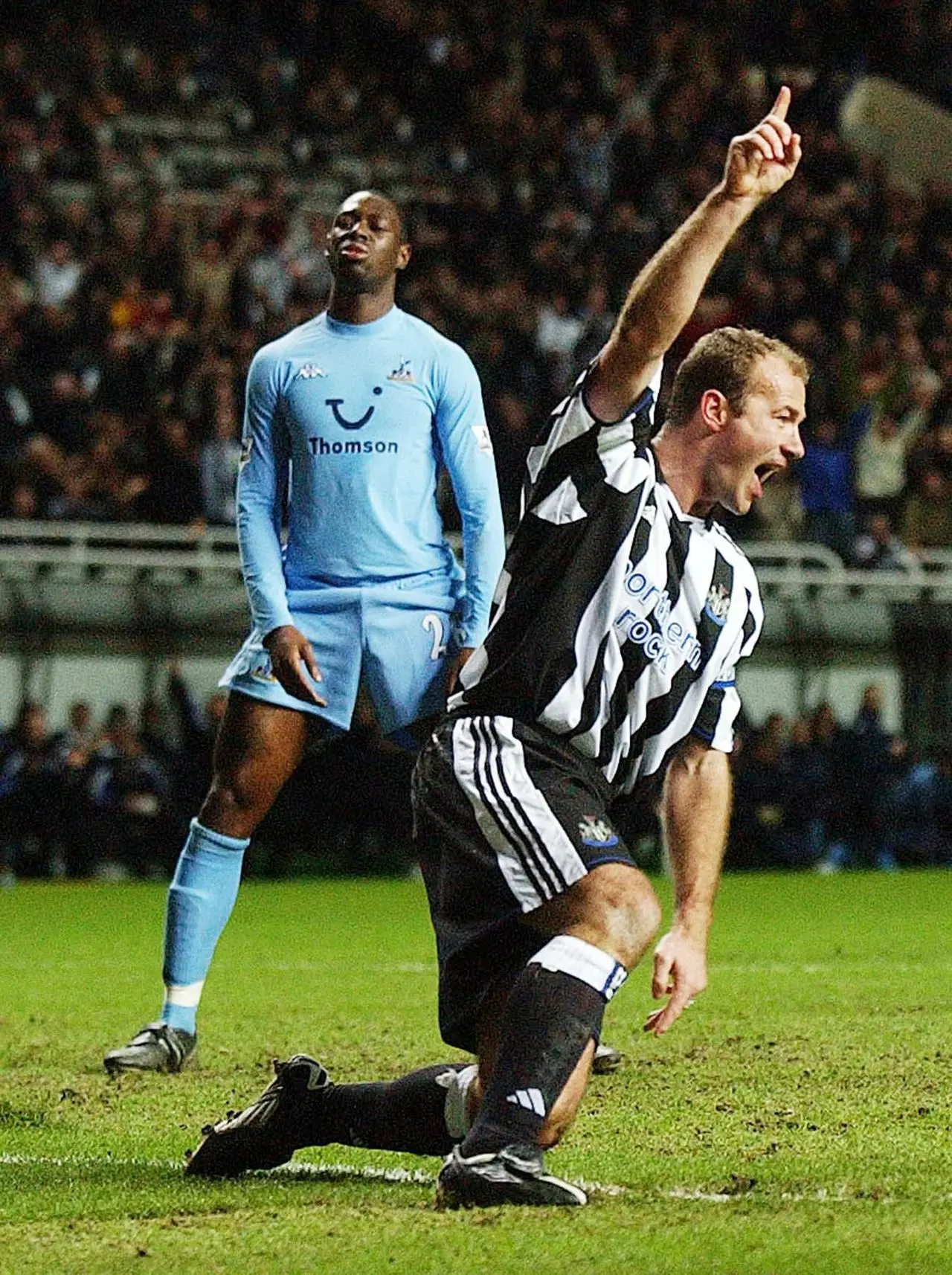 Alan Shearer celebrates scoring against Tottenham