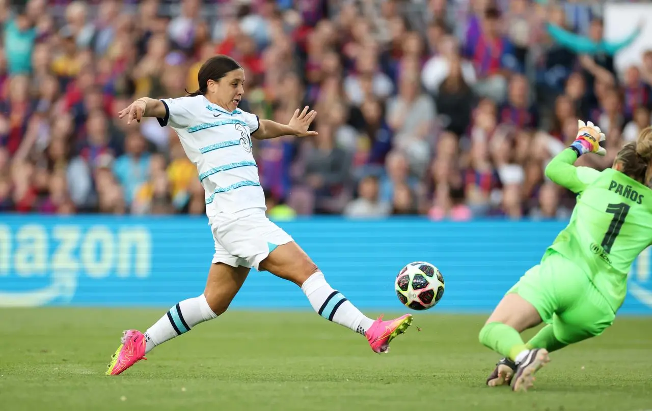 Chelsea’s Sam Kerr has a shot saved 