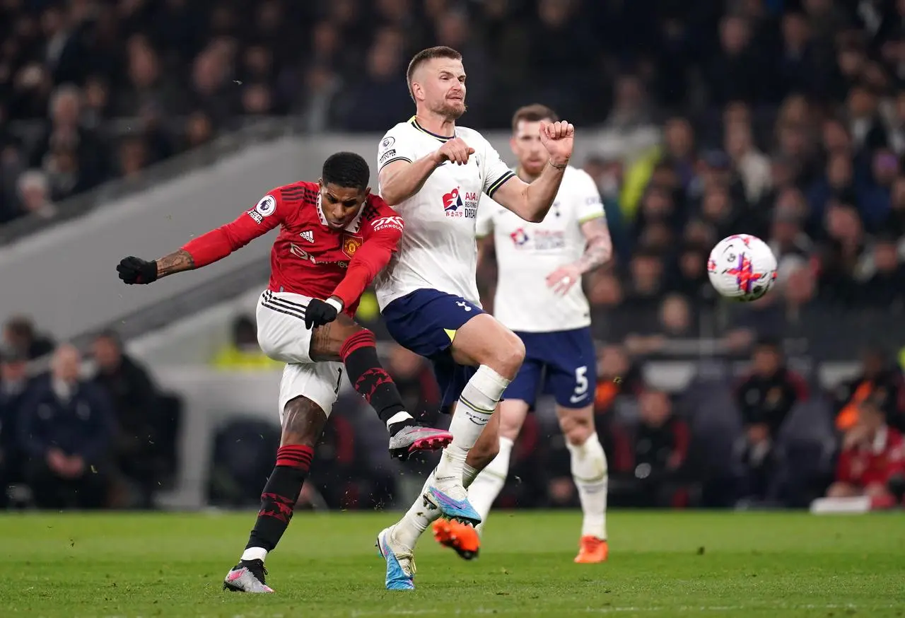 Marcus Rashford takes a shot against Tottenham