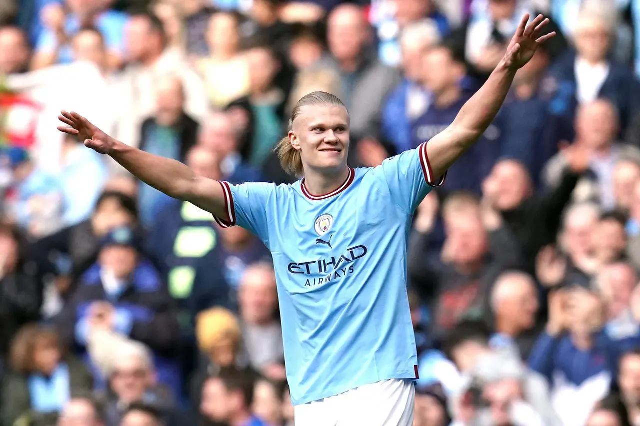 Erling Haaland celebrates his second goal against Leicester