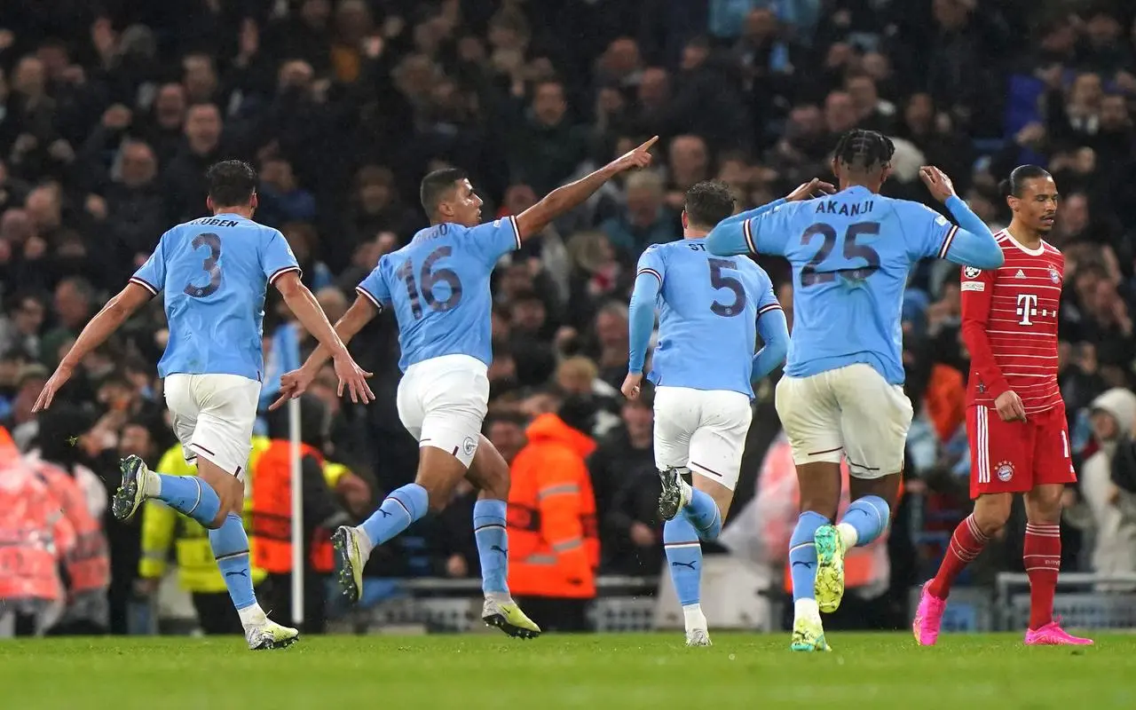 Rodri celebrates scoring against Bayern Munich