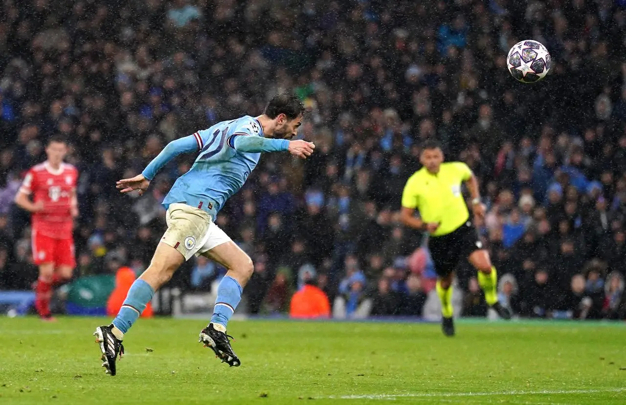 Bernardo Silva heads Manchester City’s second goal against Bayern Munich