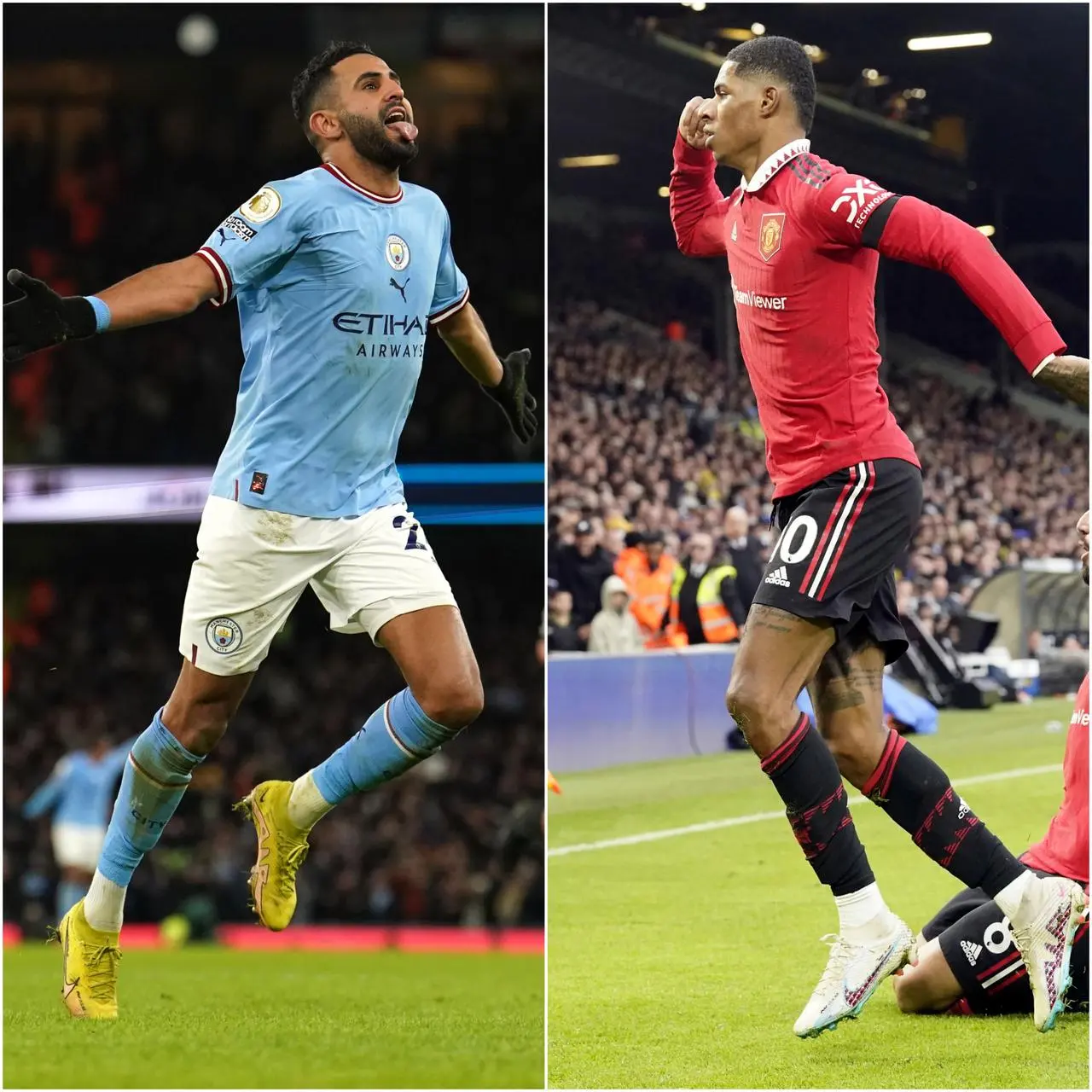 Riyad Mahrez, left, and Marcus Rashford celebrate goals