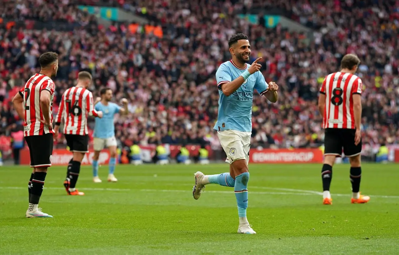 Riyad Mahrez celebrates scoring against Sheffield United