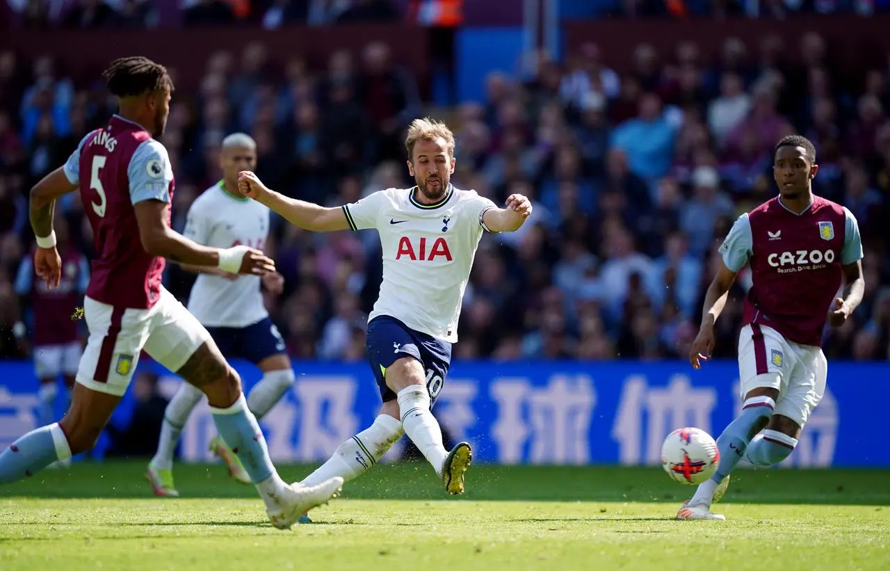 Harry Kane shoots at the Villa goal