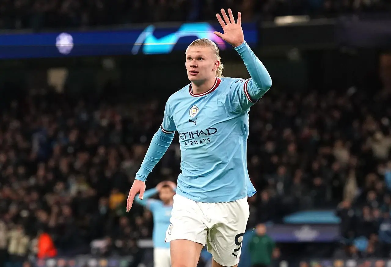 Erling Haaland celebrates his fifth goal against RB Leipzig in March