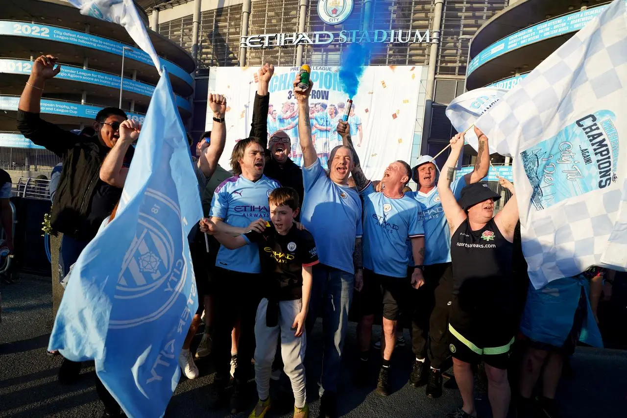 Manchester City fans have been celebrating outside of the Etihad Stadium after winning the Premier League title once again 