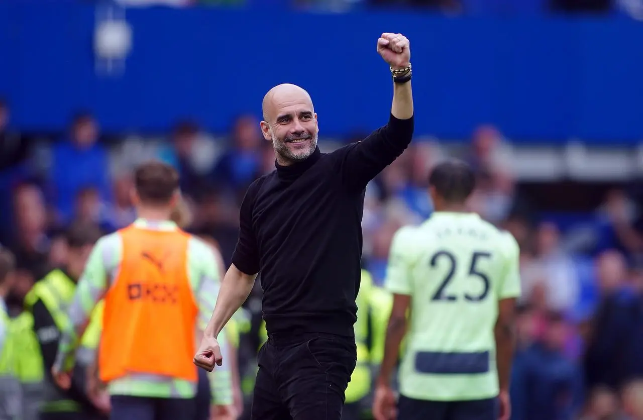 Manchester City manager Pep Guardiola celebrates his side’s win