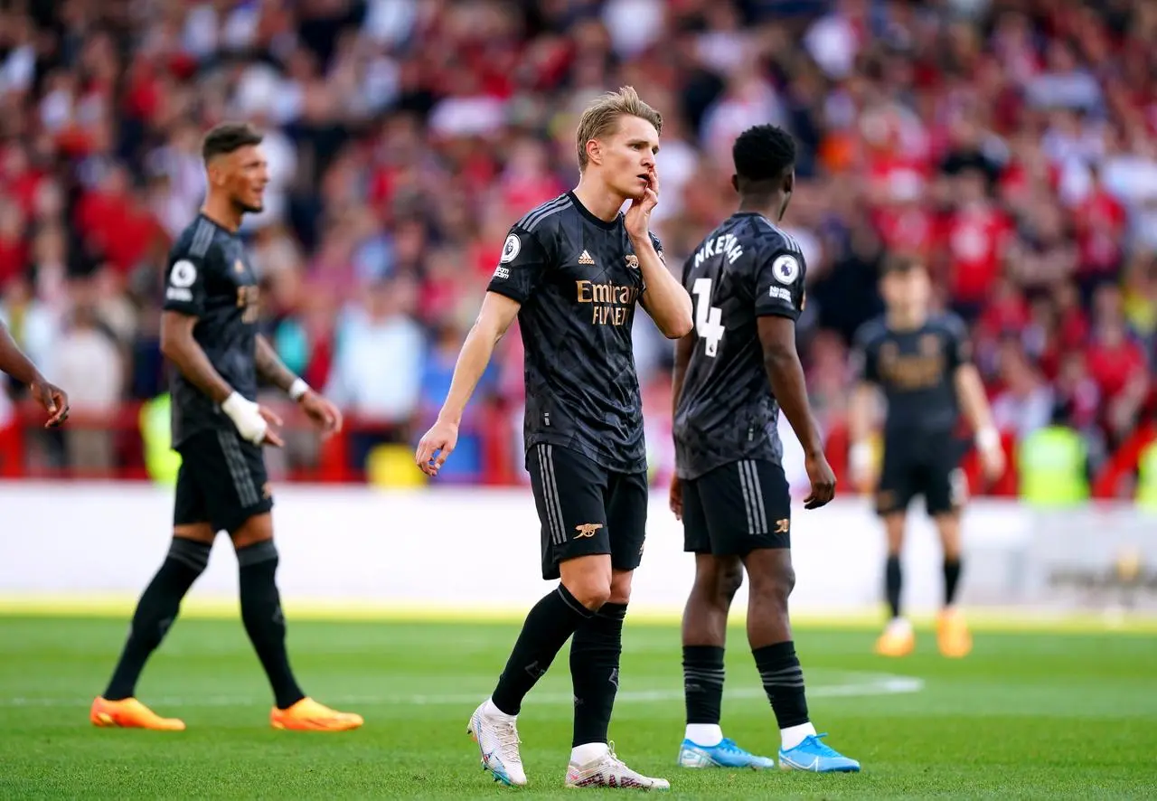 Arsenal’s Martin Odegaard reacts after Nottingham Forest's winning goal