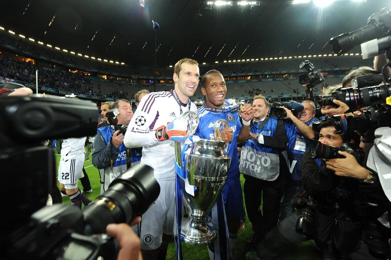 Petr Cech and Didier Drogba celebrate after their shoot-out heroics 