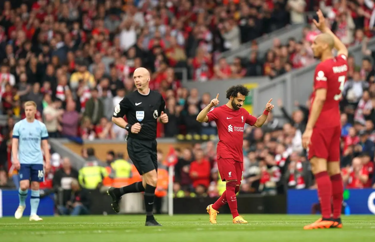 Liverpool’s Mohamed Salah celebrates scoring 