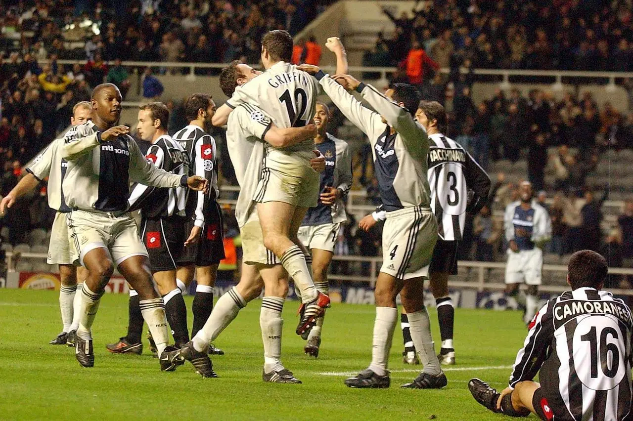 Newcastle celebrated after Andy Griffin beat Juventus goalkeeper Gianluigi Buffon to secure a Champions League victory at St James’ Park 