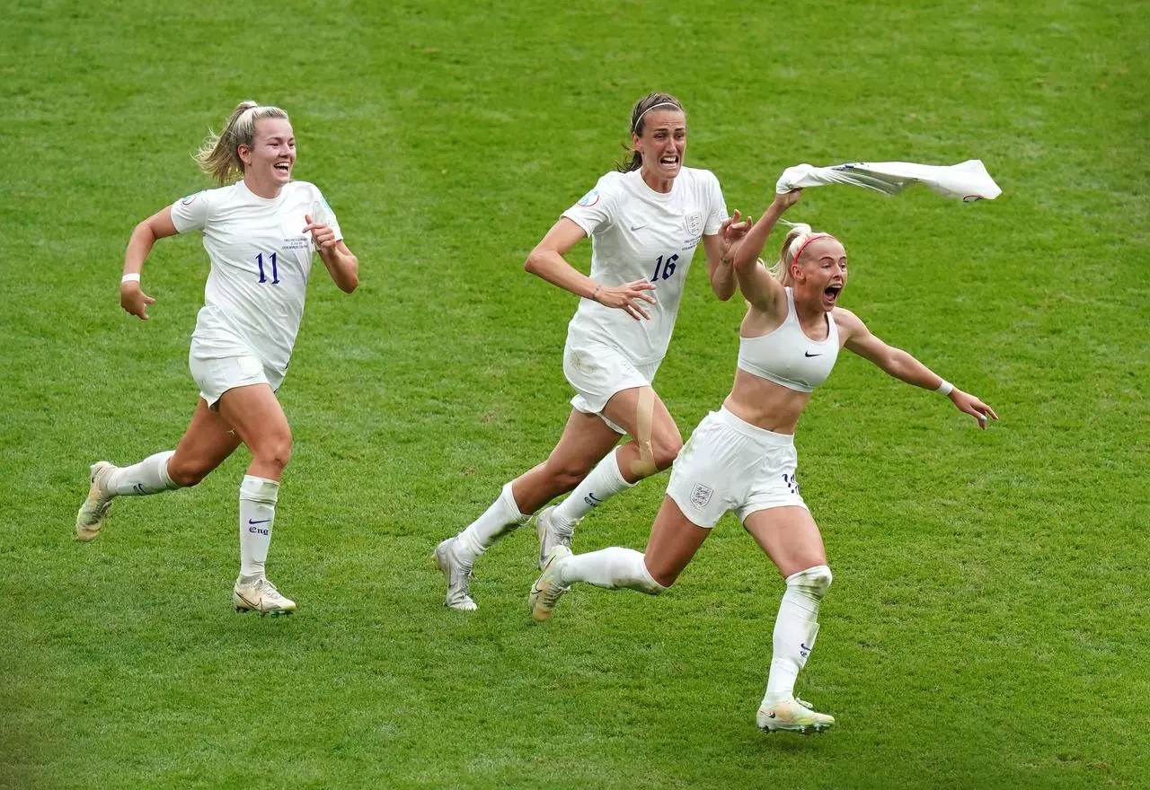 Kelly (right) celebrates her winner in last summer's Euros final (Adam Davy/PA)