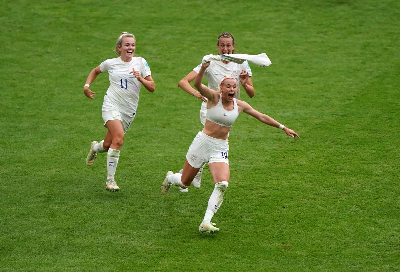 Kelly celebrates after scoring her goal against Germany that secured the Lionesses their first major trophy (Joe Giddens/PA)