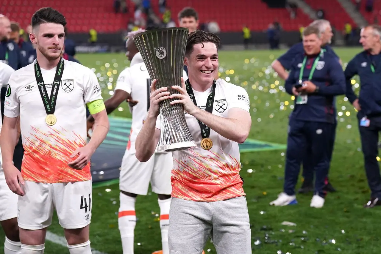 Declan Rice, left, and Conor Coventry celebrate West Ham’s Europa Conference League win