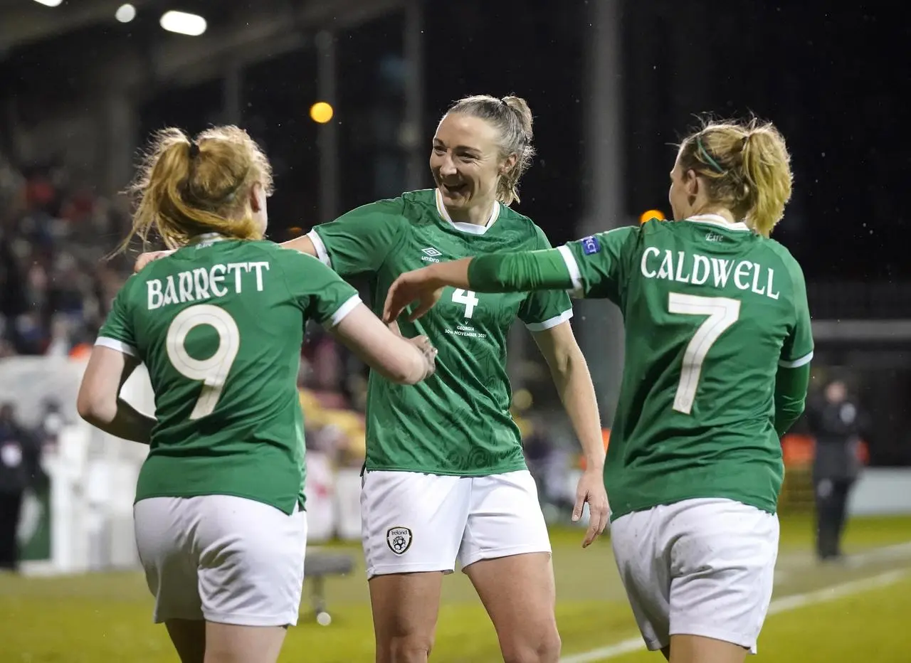 Republic of Ireland’s Amber Barrett (left) celebrates scoring with Quinn and Diane Caldwell (Niall Carson/PA)