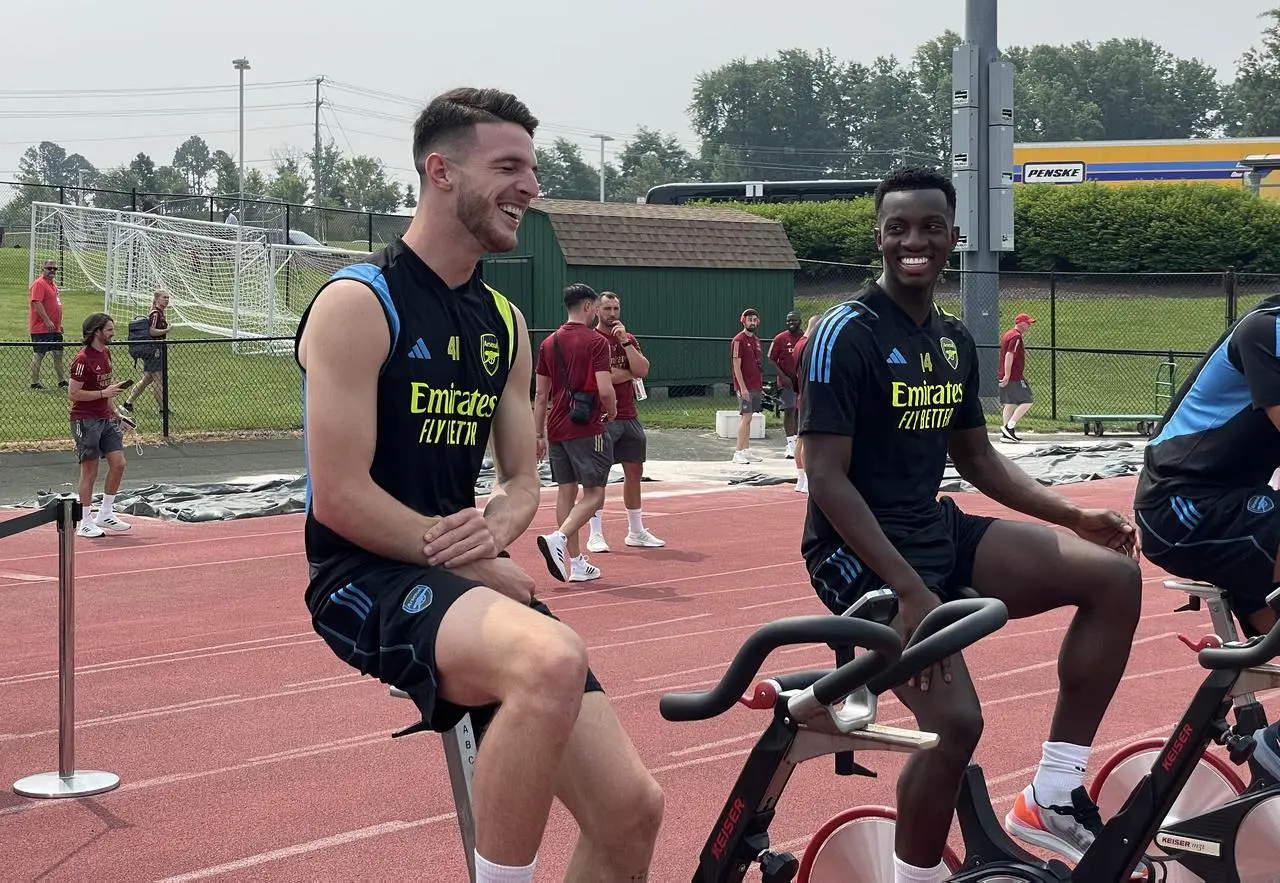 Declan Rice, left, with Arsenal team-mate Eddie Nketiah during a training session Arsenal in Washington DC