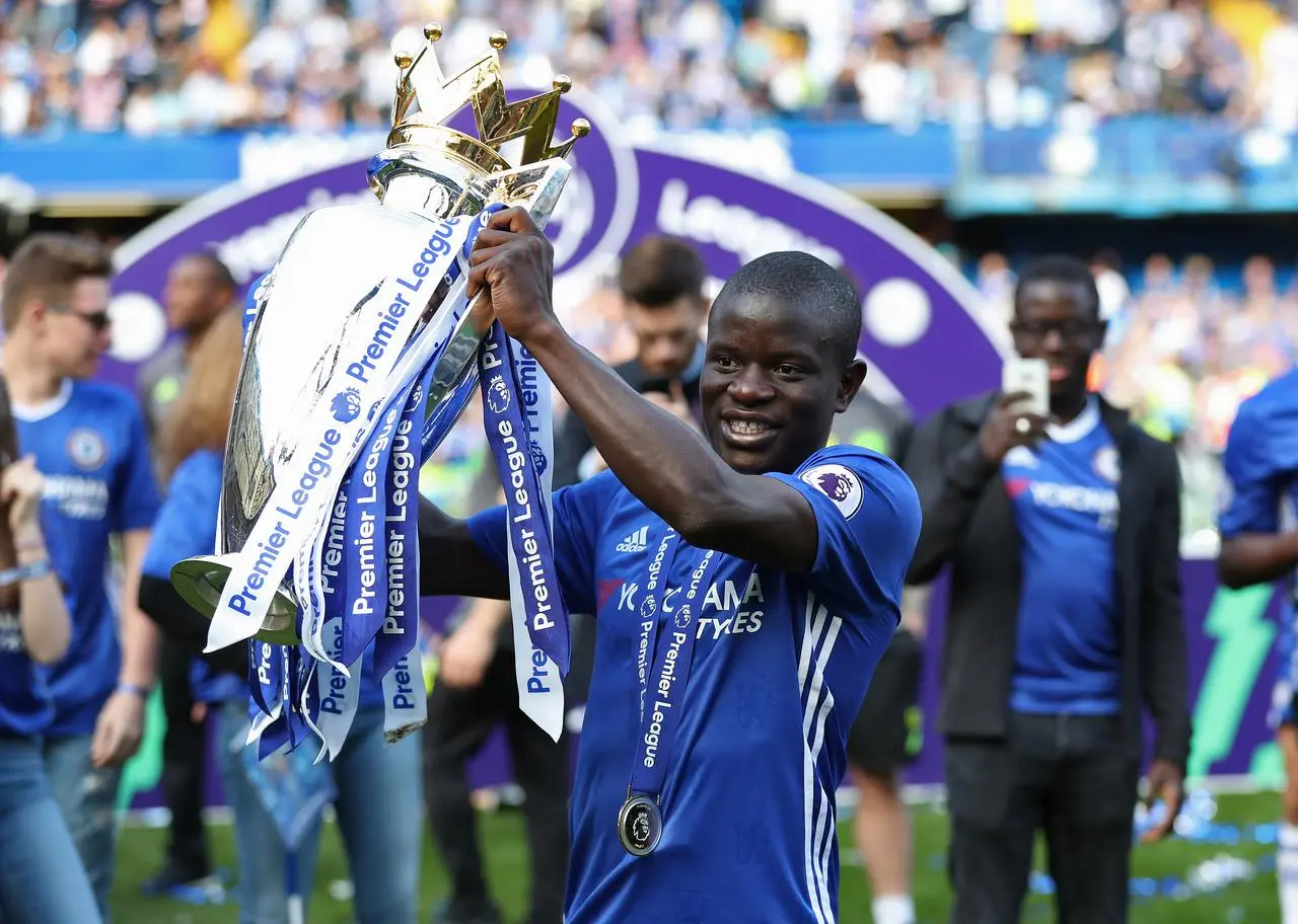 N'Golo Kante with the Premier League trophy