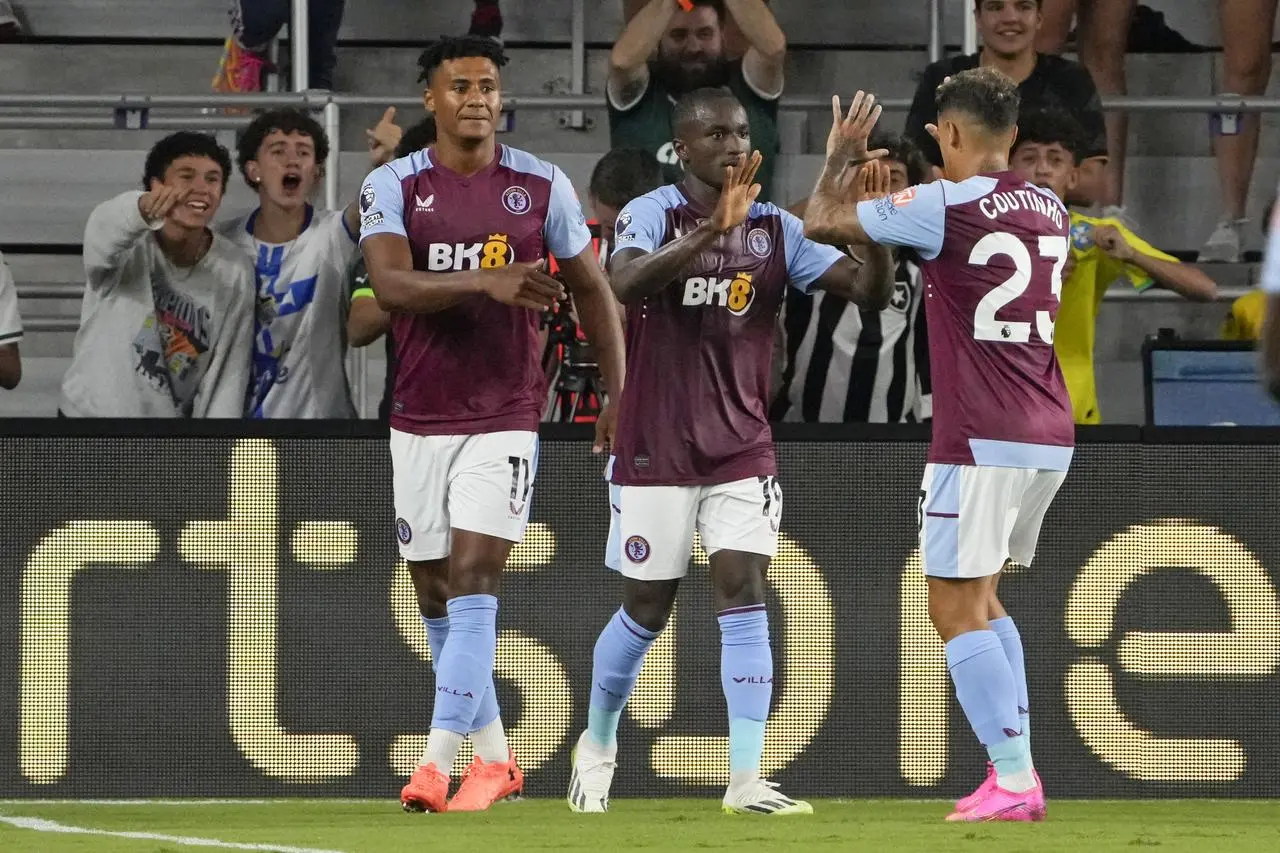 Aston Villa’s Moussa Diaby (centre) has already shown he can find the back of the net in pre-season