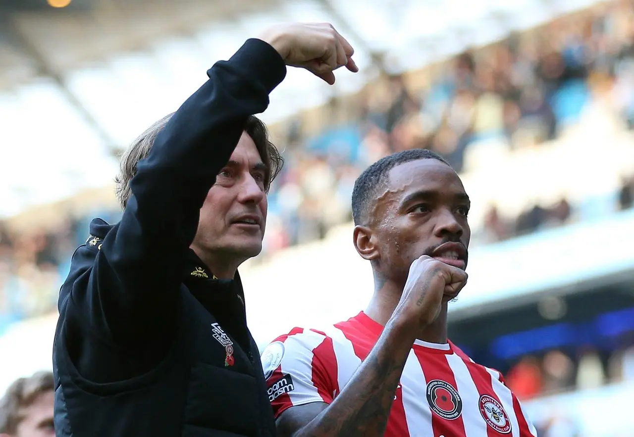 Ivan Toney, right, with Brentford boss Thomas Frank