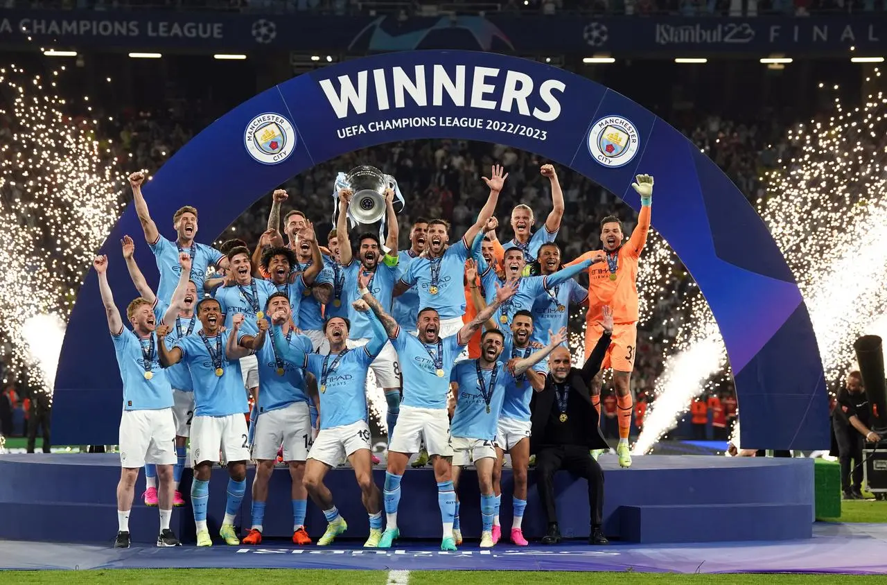 Manchester City celebrate winning the Champions League