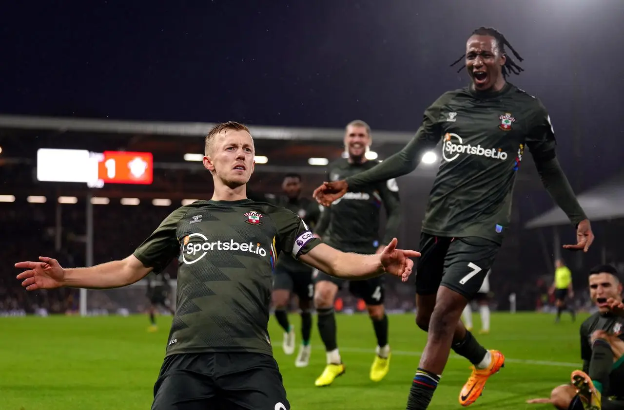 James Ward-Prowse, left, celebrates after scoring from a free-kick at Fulham