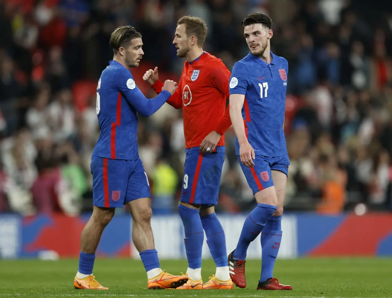 England's Jack Grealish, Harry Kane and Declan Rice, left to right